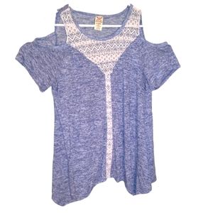 Faded Glory Blue and Lace open Shoulder Short Sleeve Women's Blouse Size 1X